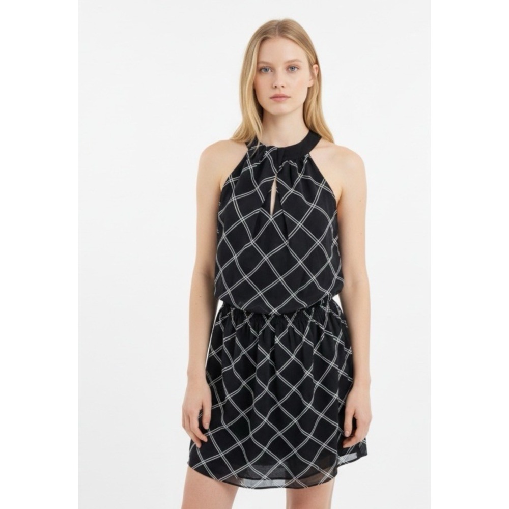 WHBM Women's 2 Halter Double Layer Chiffon Smocked Lined Mini Dress Window Pane